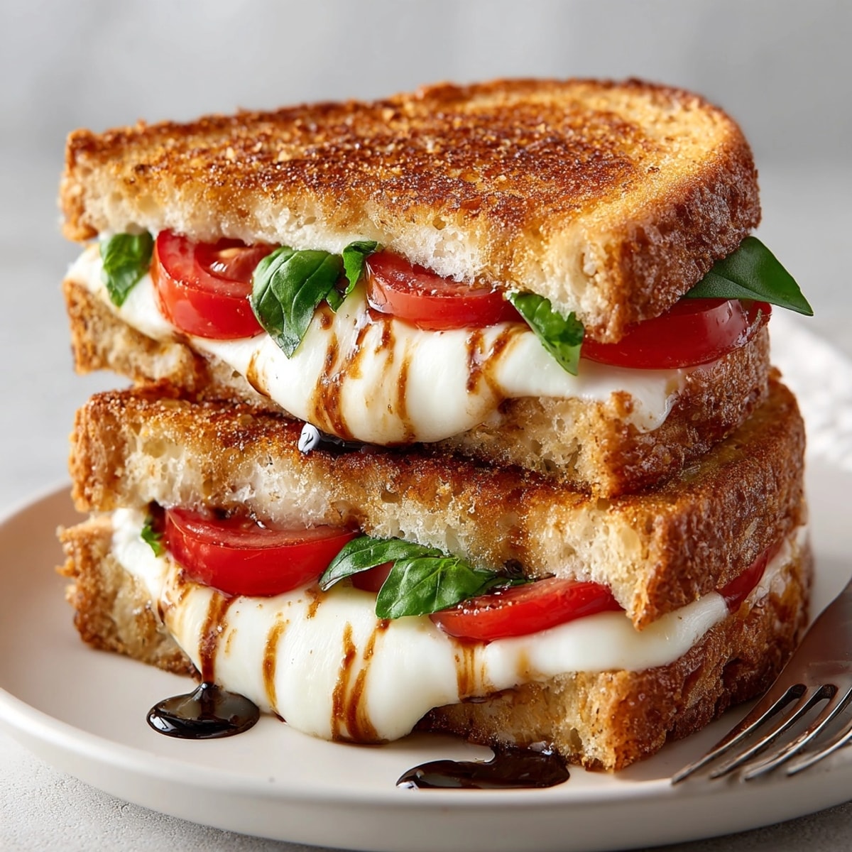 Close-up of melty Grilled Cheese Caprese Sandwich, juicy tomatoes and balsamic glaze on rustic sourdough.
