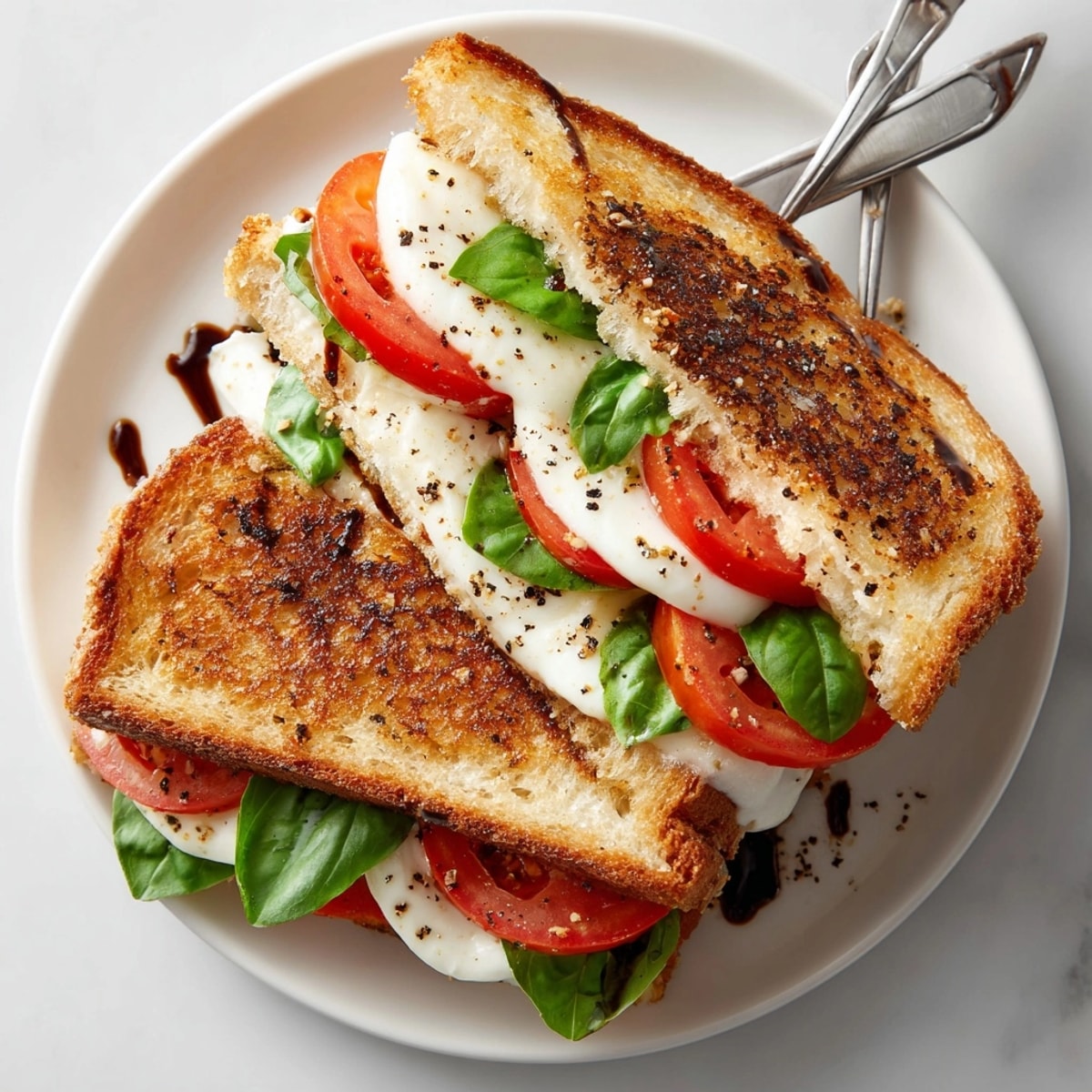 Sliced Grilled Cheese Caprese Sandwich served warm with crisp edges and gooey cheese, perfect for lunch.