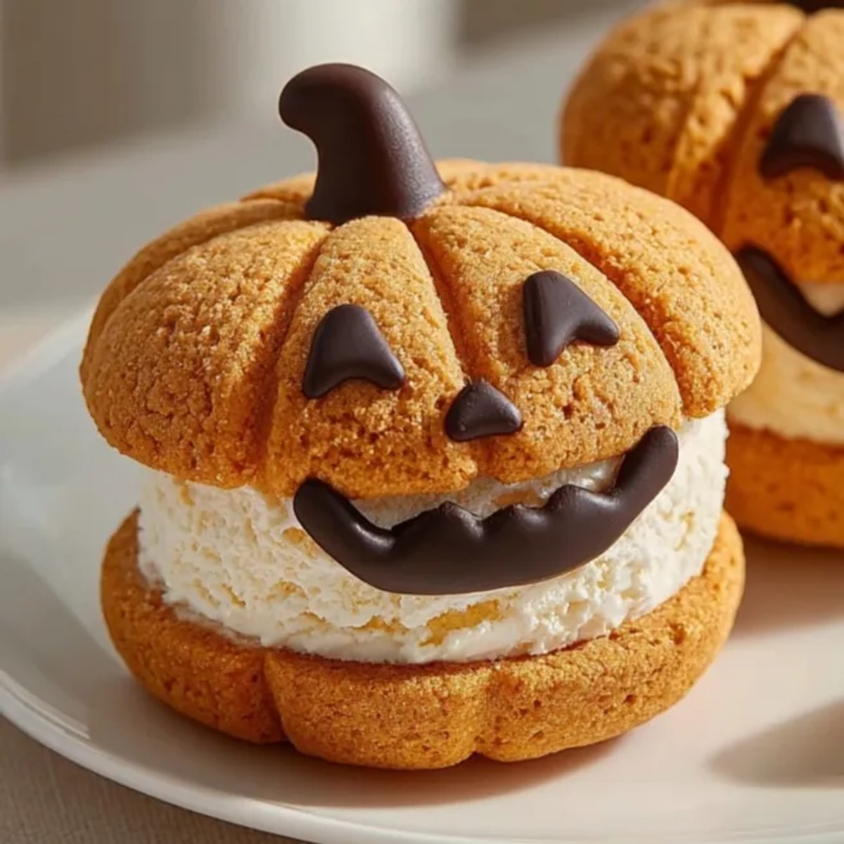 Close-up of smiling Mini Jack-o'-Lantern Ice Cream Sandwiches, ready for a spooky Halloween party.