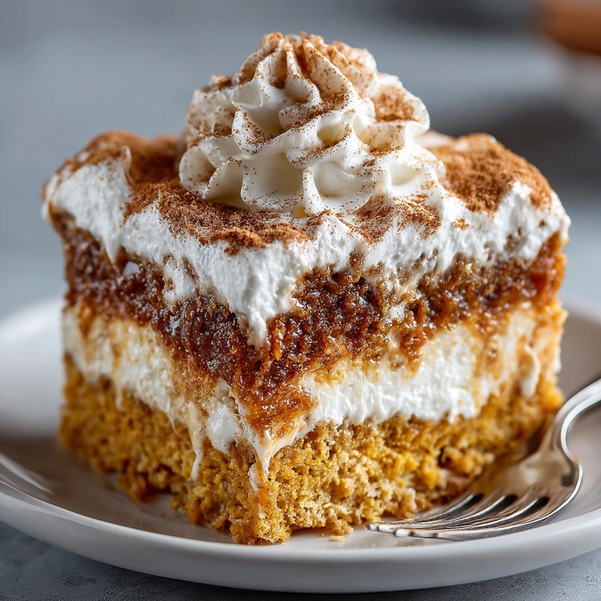 Golden Pumpkin Spice Tres Leches Cake, richly soaked, topped with whipped cream and cinnamon.