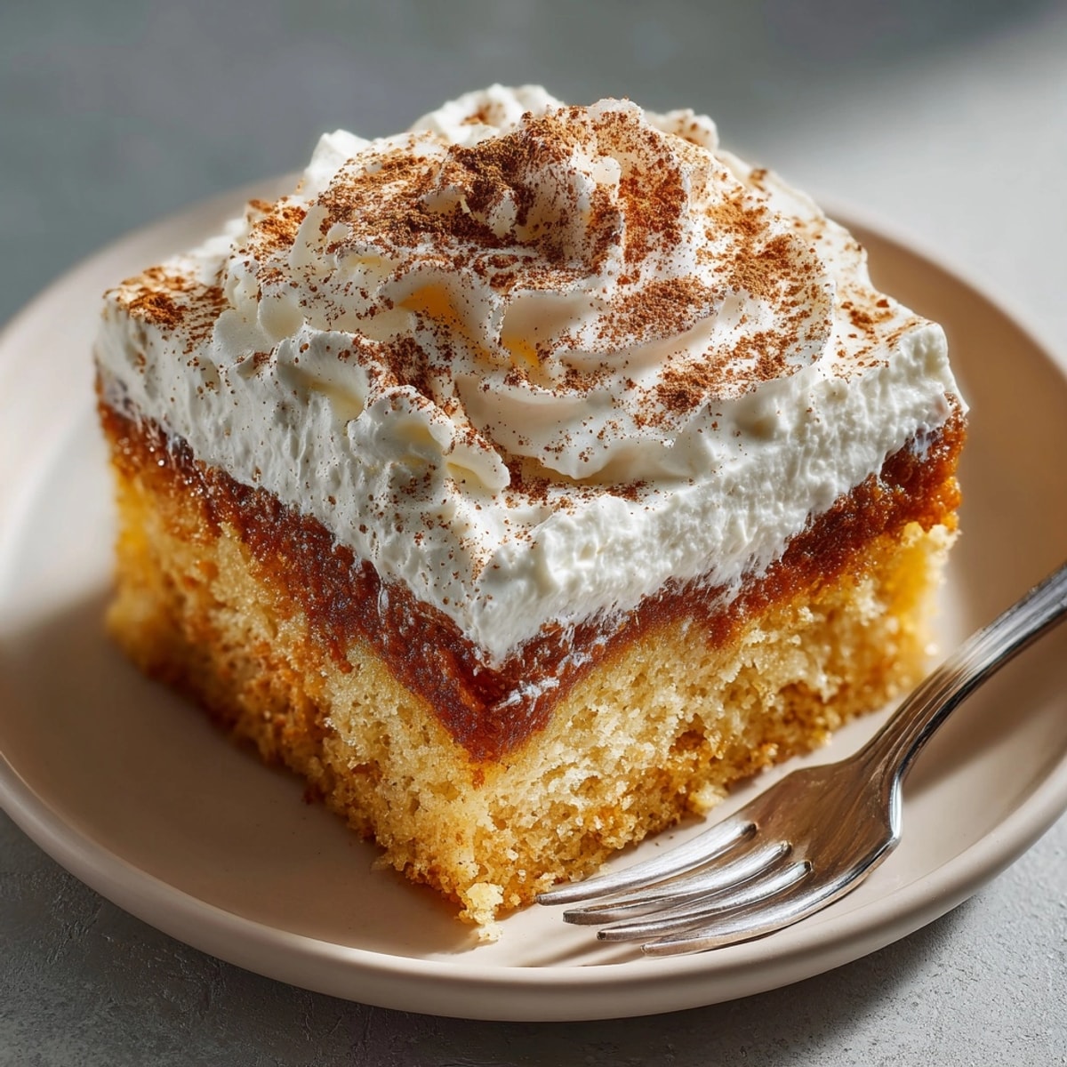 Homemade Pumpkin Spice Tres Leches Cake, ready to serve: a slice of autumnal creamy heaven.