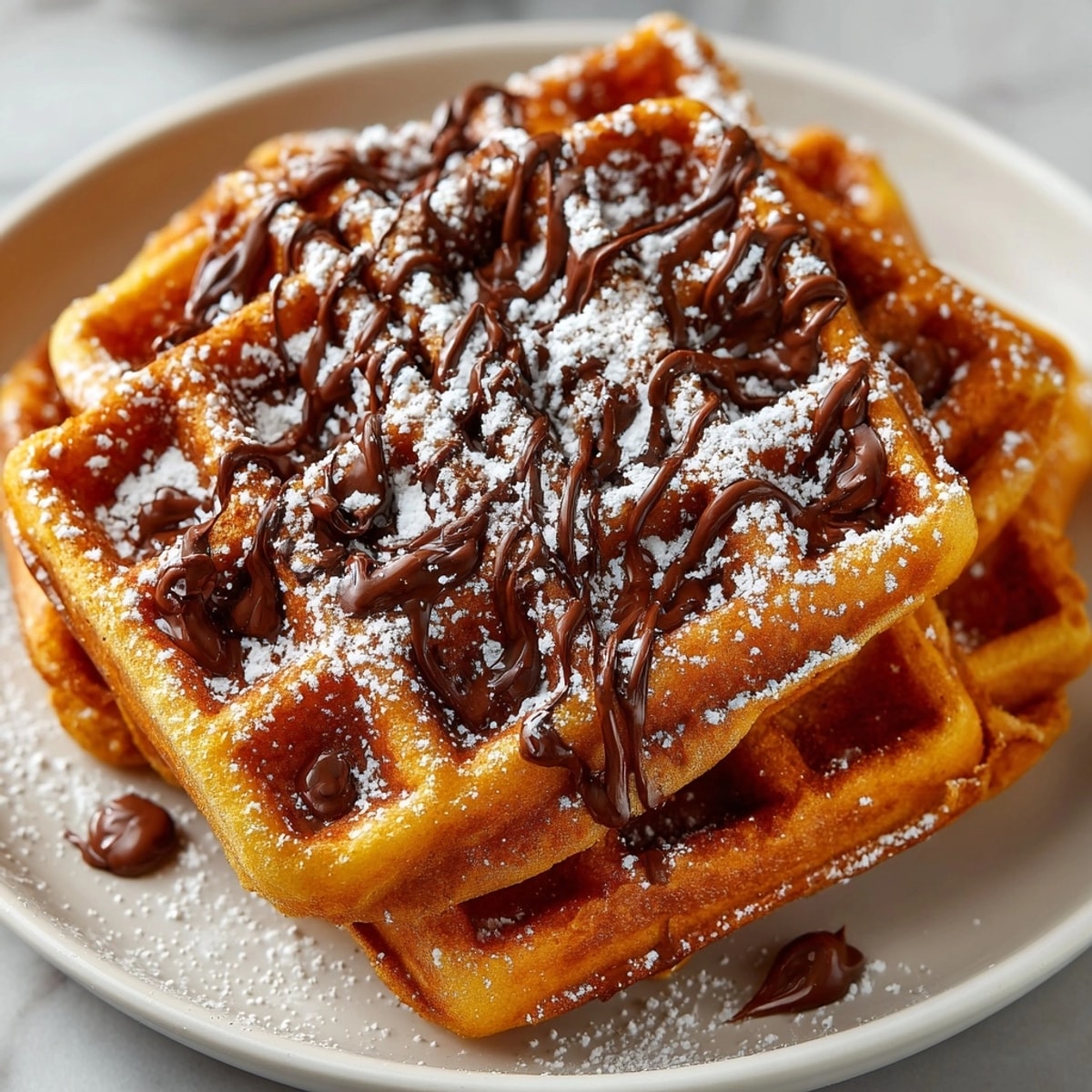 Golden Pumpkin Spice Waffles with Chocolate Web: crispy, fragrant delight drizzled with rich chocolate.