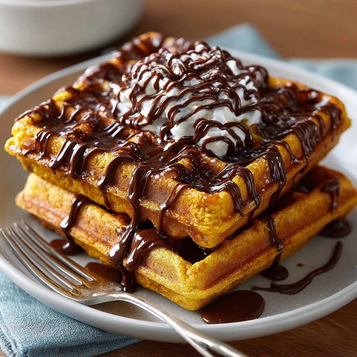 Warm, autumnal Pumpkin Spice Waffles showcased: chocolate web art adorns tender, homemade breakfast.