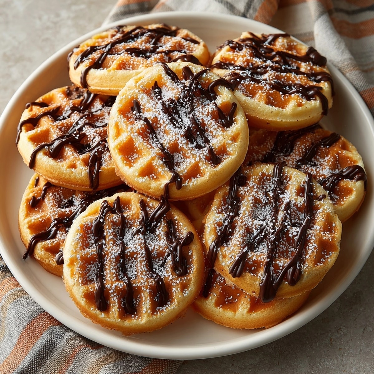 Imagine fluffy Pumpkin Spice Waffles: a sweet chocolate web swirling atop, a comforting indulgence.