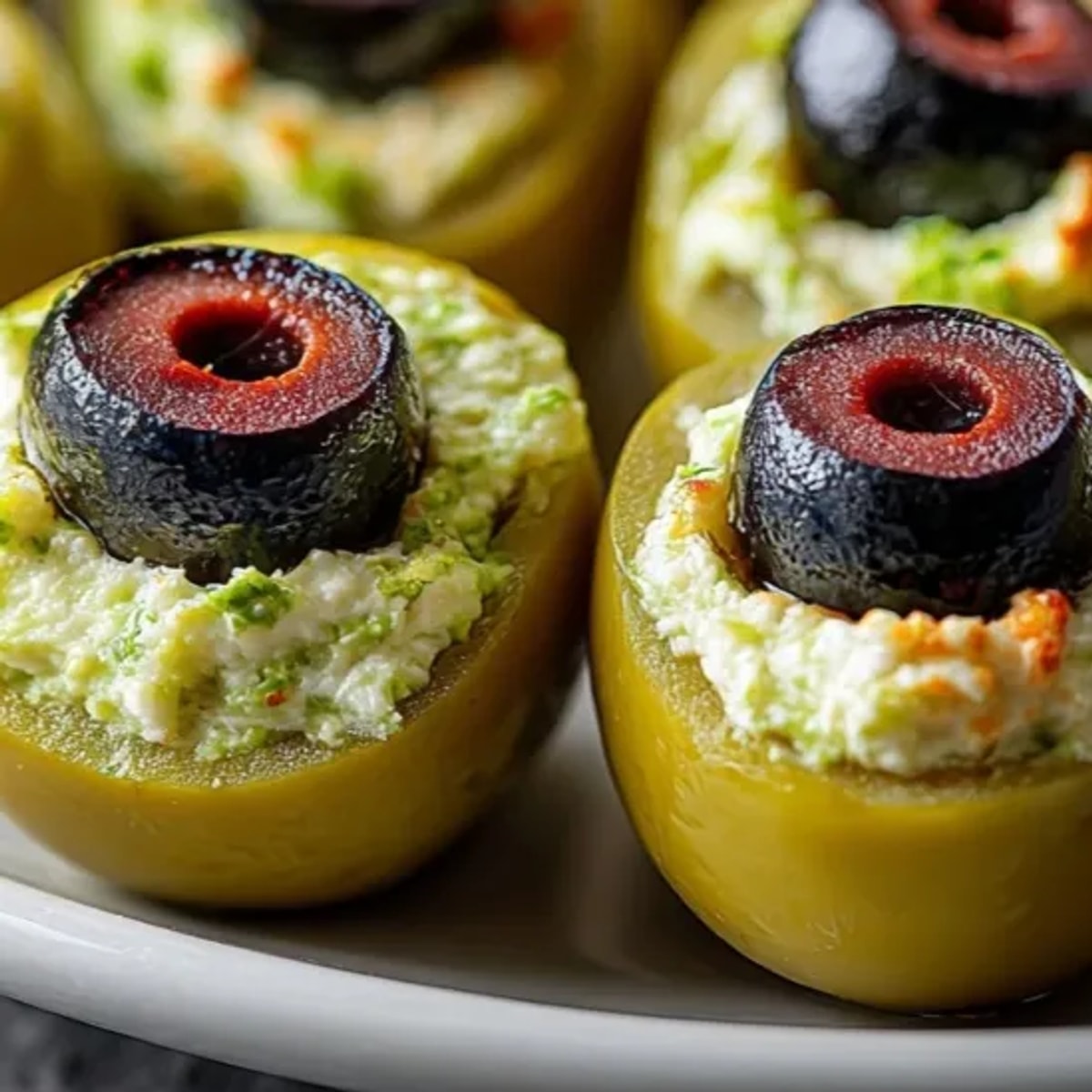 Creepy Eyeball Stuffed Olives recipe: Cream cheese, pimento, and black olive make spooky snacks.