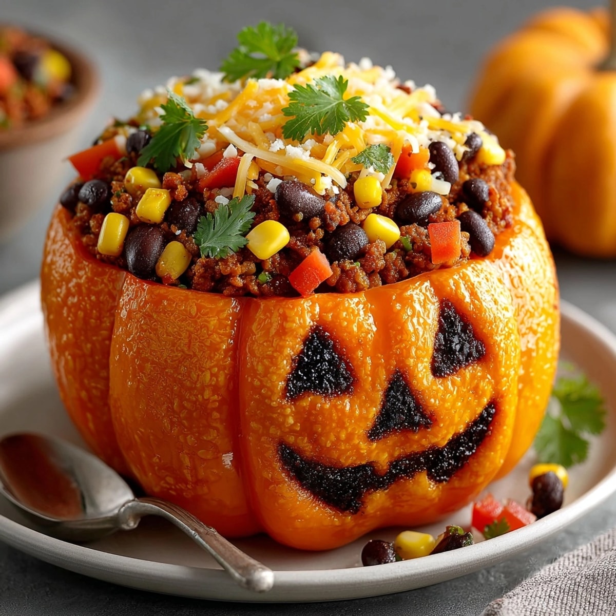 Close-up of Black Bean Stuffed Peppers, warm cheesy filling bubbling over carved pepper faces.