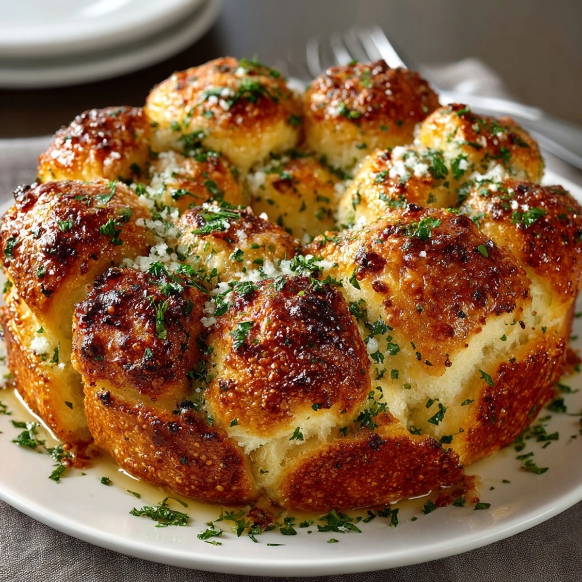 Buttery, savory Garlic Parmesan Pull-Apart Bread Wreath glistening; a beautiful bread centerpiece.