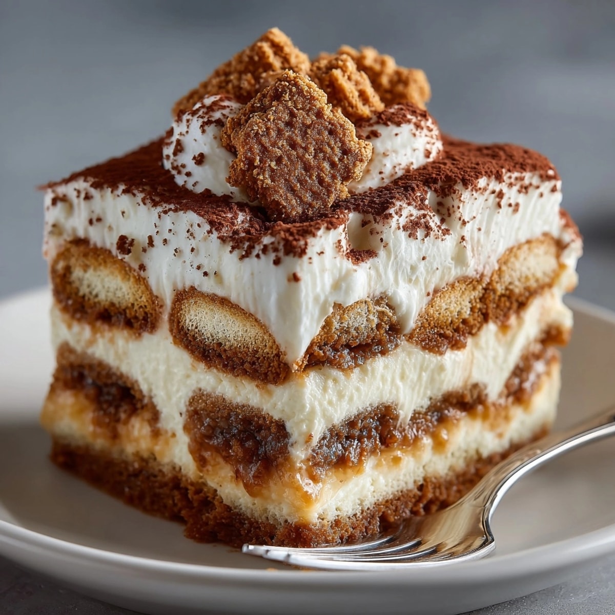 Rich Gingerbread Tiramisu: layers of creamy mascarpone and espresso-soaked ladyfingers dusted with cocoa.