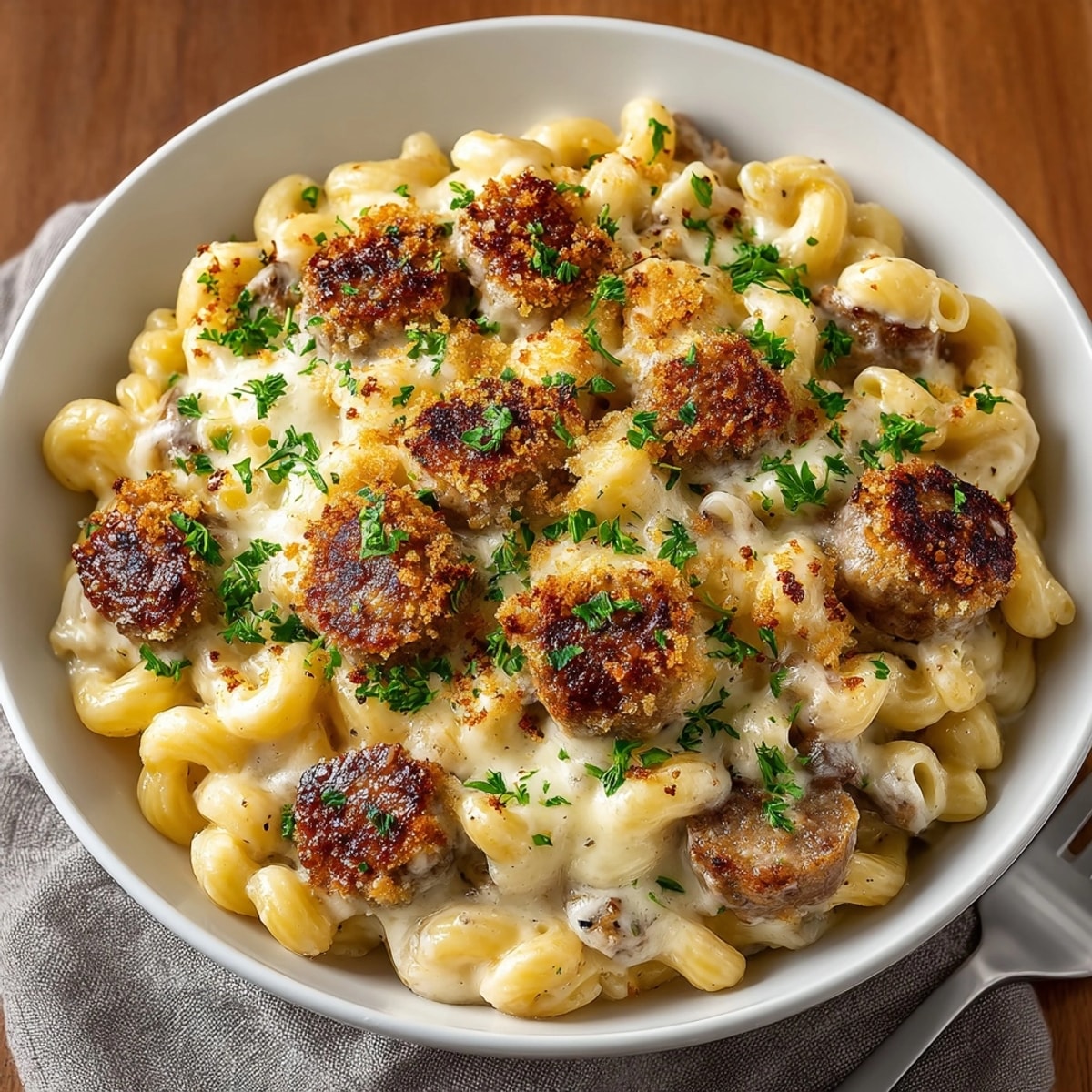 Golden, bubbly baked Cheesy Bratwurst Mac & Cheese with parsley—ready for a comforting dinner.