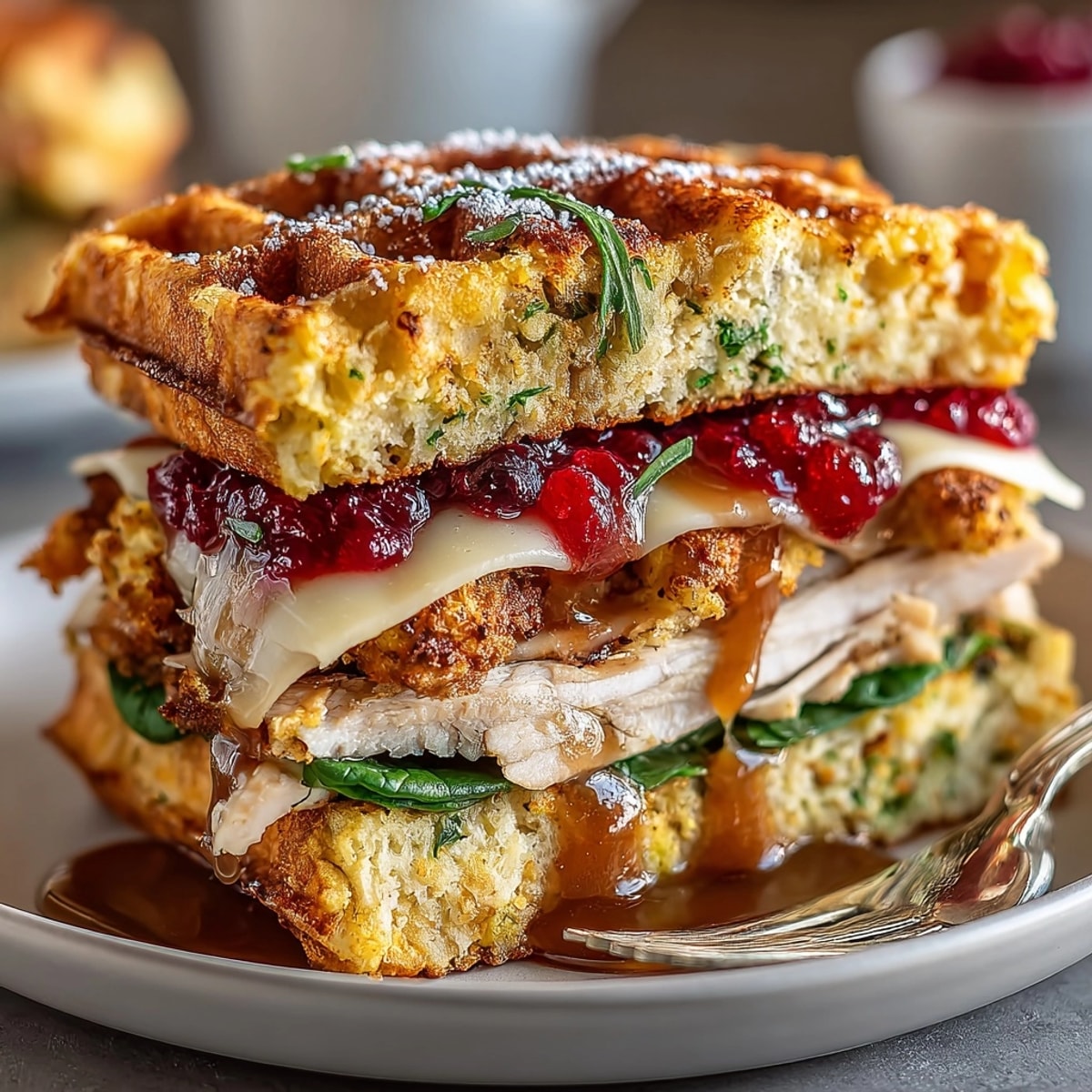 Golden, crispy Thanksgiving Leftovers Waffle Sandwiches filled with juicy turkey, cranberry, and rich gravy.