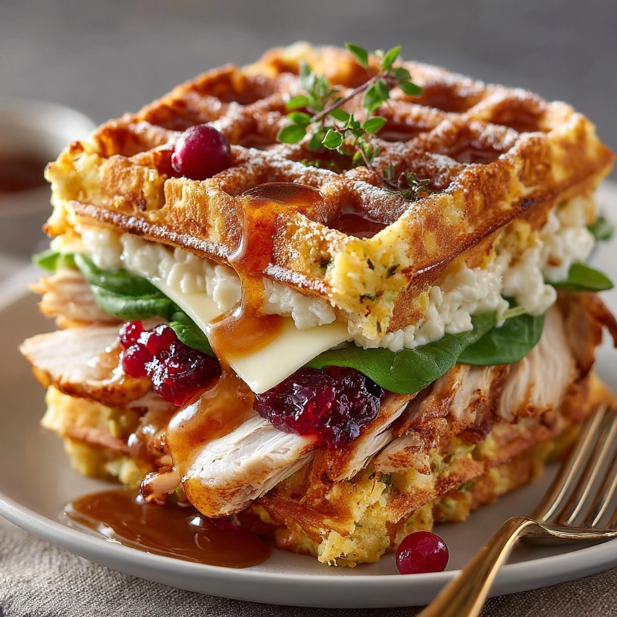 Stacked Thanksgiving Leftovers Waffle Sandwiches: Imagine savory stuffing waffles oozing with cheese and gravy.