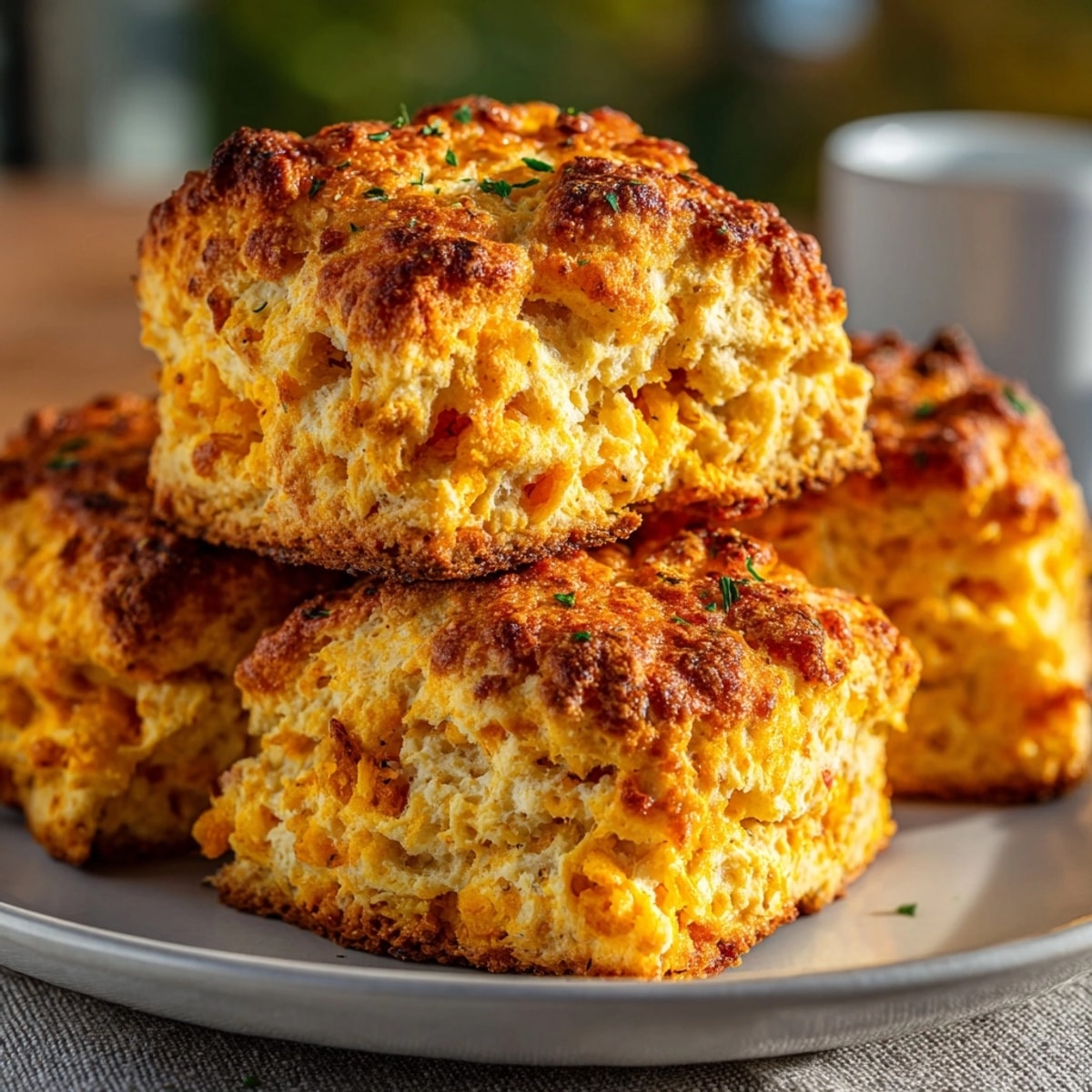 Golden Savory Pumpkin Cheddar Scones, warm from the oven, flecked with herbs.