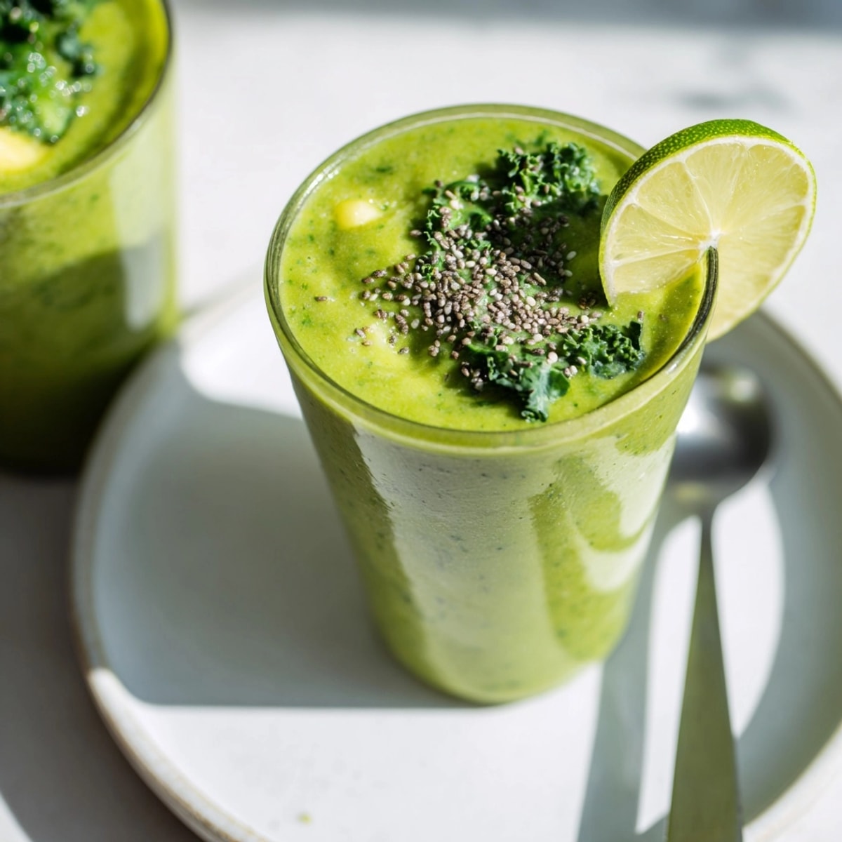 Vibrant Green Smoothie swirling in a glass; fresh blended spinach, fruit, and plant-based milk.