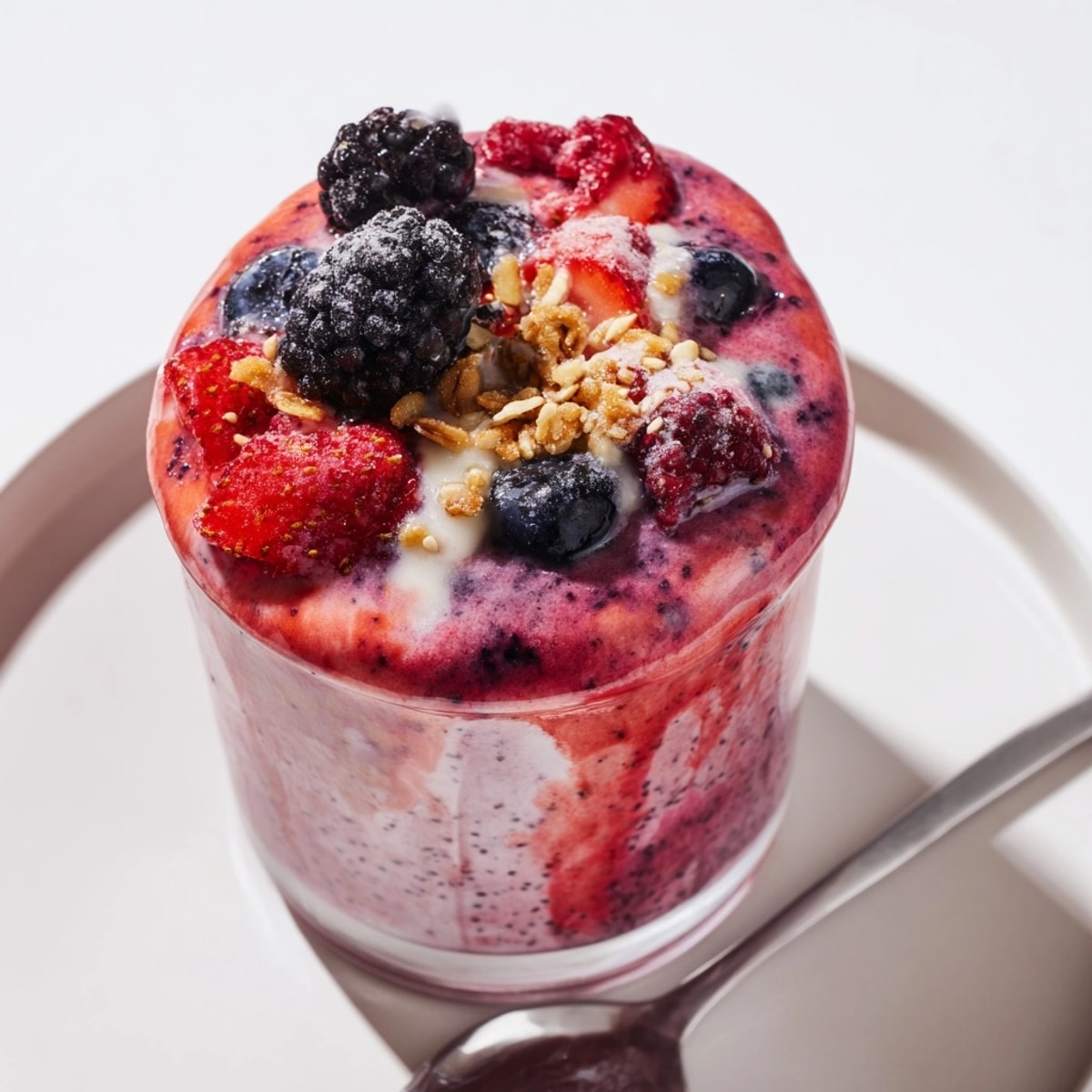 Creamy Very Berry Smoothie swirling with mixed berries, a refreshing homemade treat.