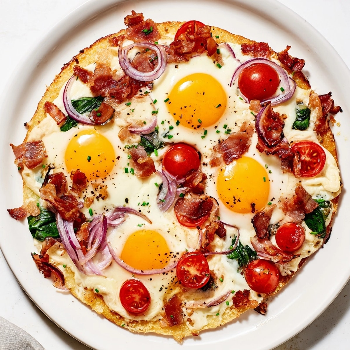 Golden, bubbling Breakfast Pizza fresh from the oven, speckled with bacon, eggs, and herbs.