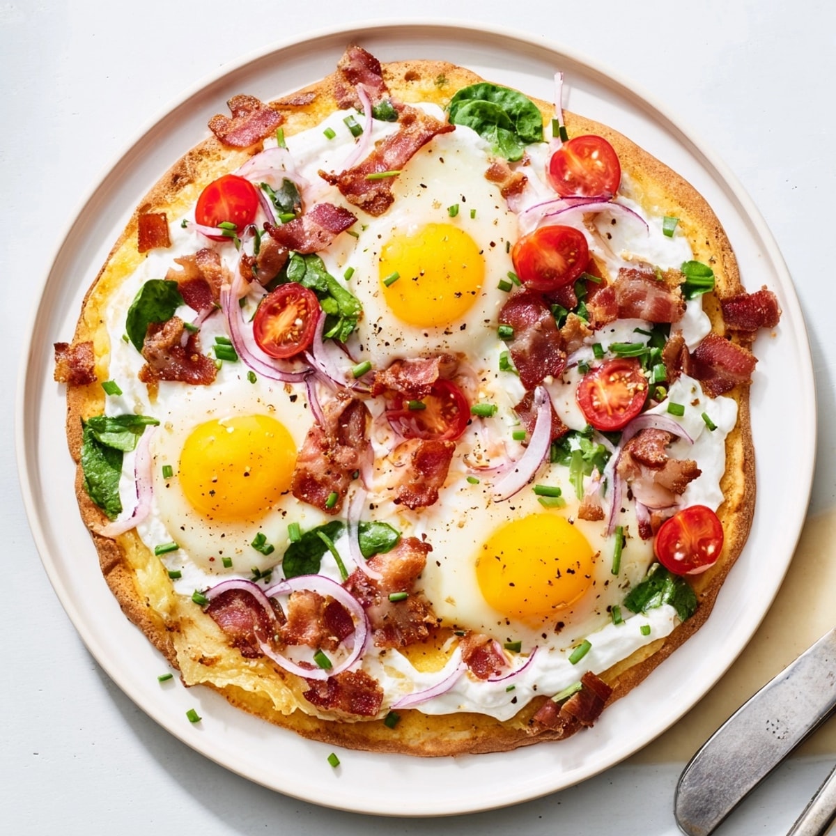 Homemade Breakfast Pizza recipe featuring a colorful array of ingredients—bacon, egg, and vegetables.