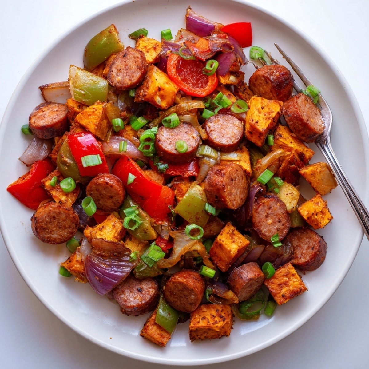 Hot skillet overflowing with flavorful Cajun Sausage Sweet Potato Hash, garnished with fresh parsley and onions.