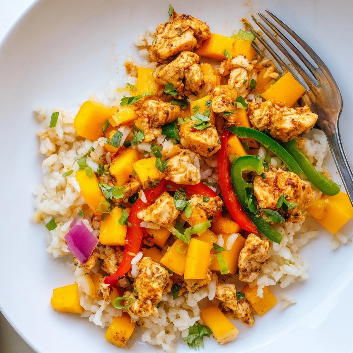 Golden Mango Cilantro Chicken Rice, ready to serve, a flavorful, gluten-free fusion dish.