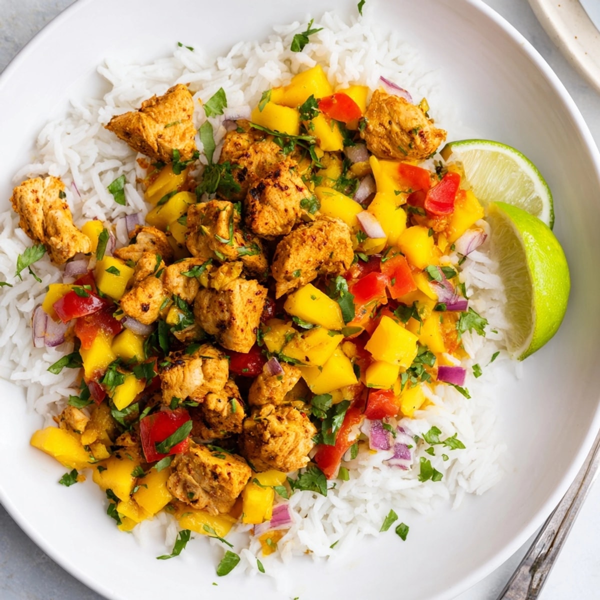 Top-down shot of Mango Cilantro Chicken Rice, colorful and fragrant tropical-inspired comfort food.