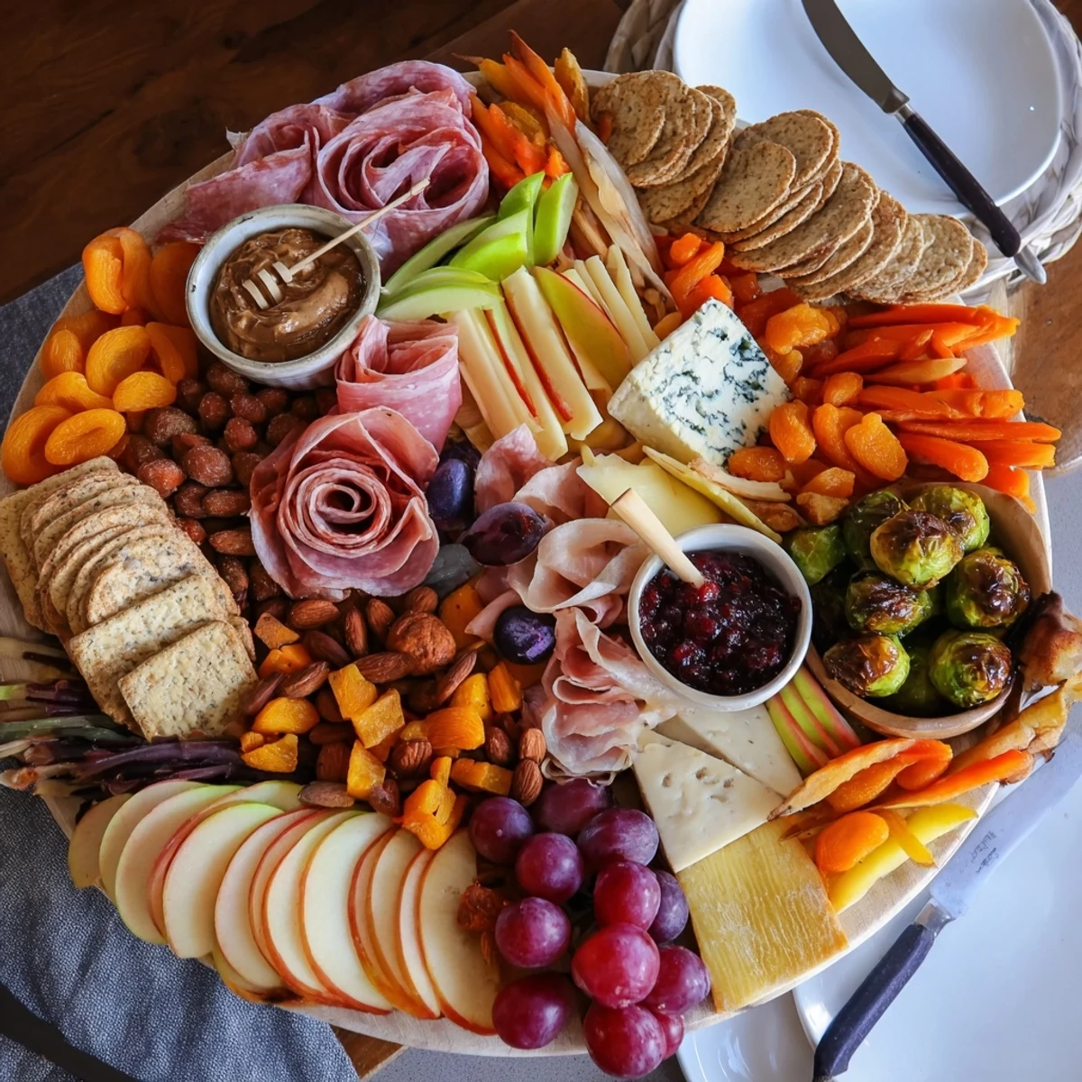 Vibrant loaded harvest charcuterie board with fresh fruits, nuts, and rustic details.