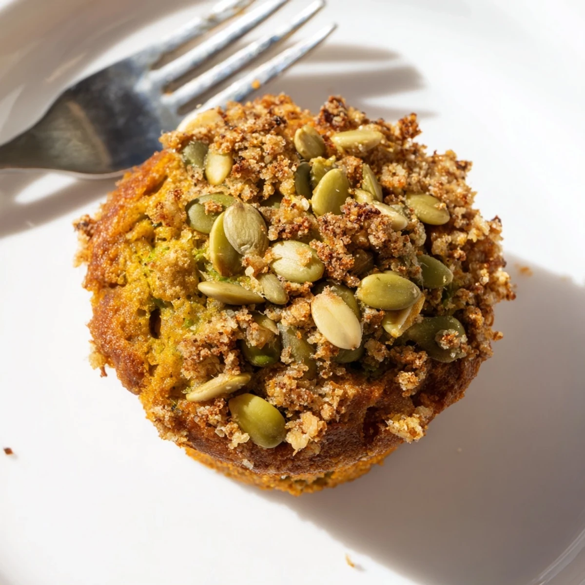 Golden-brown pumpkin muffins with edamame and a savory, crunchy topping await.