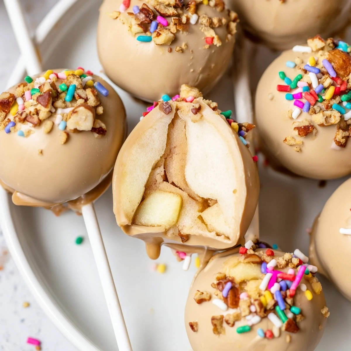 Bite-sized caramel apple truffle pops, featuring rich chocolate coating and golden caramel.  