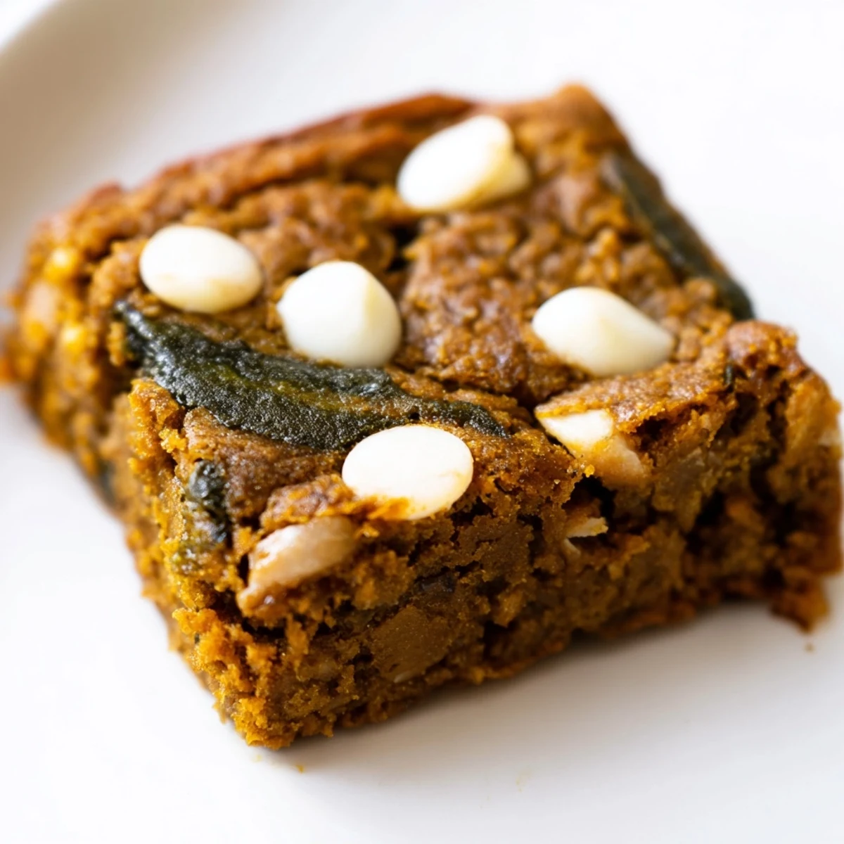 Moist matcha pumpkin muffin blondies topped with white chocolate for autumn delight.  