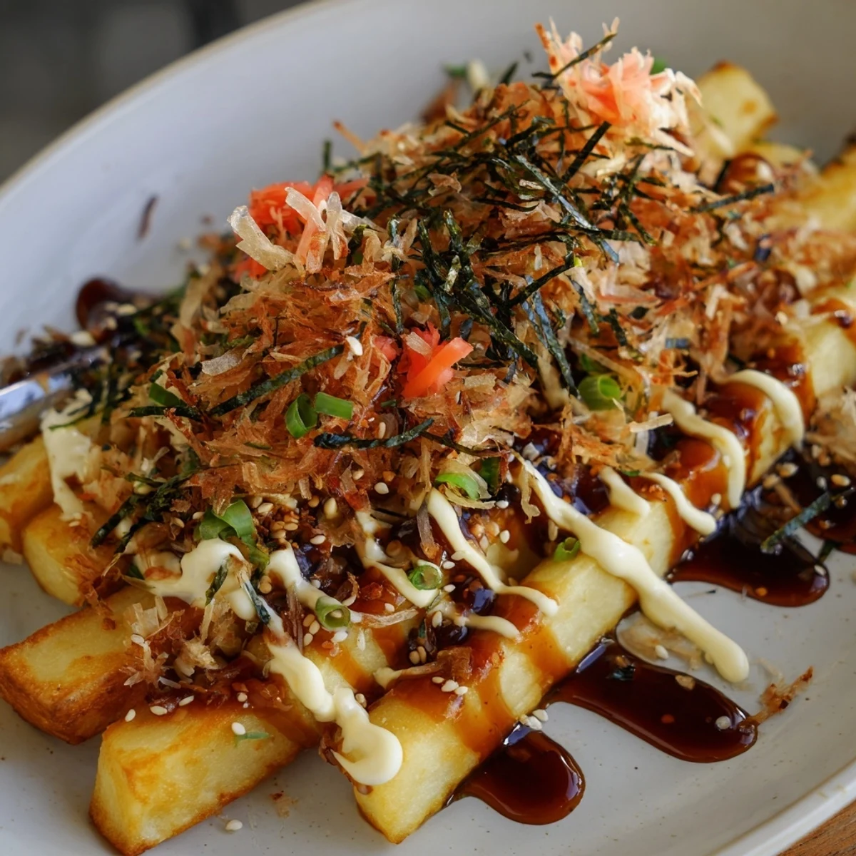 Mouthwatering Japanese Okonomiyaki fries, loaded with umami flavors and fresh toppings.