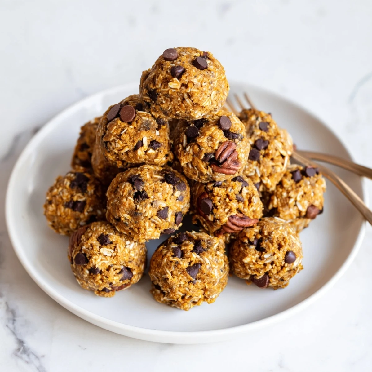 Soft Gingerbread Pumpkin Muffin Energy Bites, drizzled with chocolate, perfect for on-the-go snacking.  