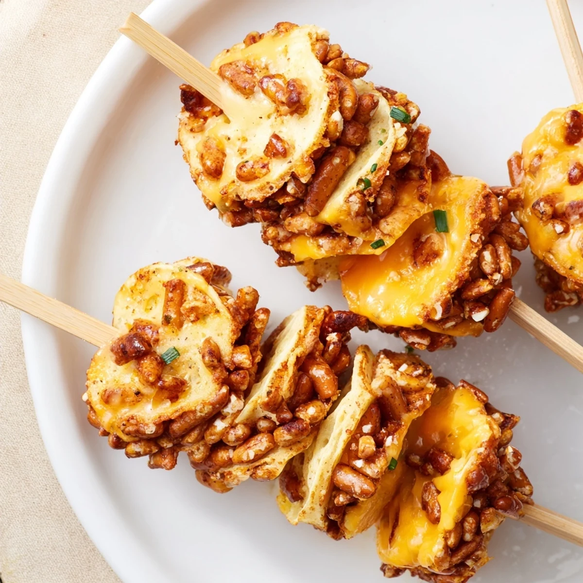 Savory Cheesy Spicy Pretzel Pancake Pops, coated in crunchy pretzels for perfect brunch bites.