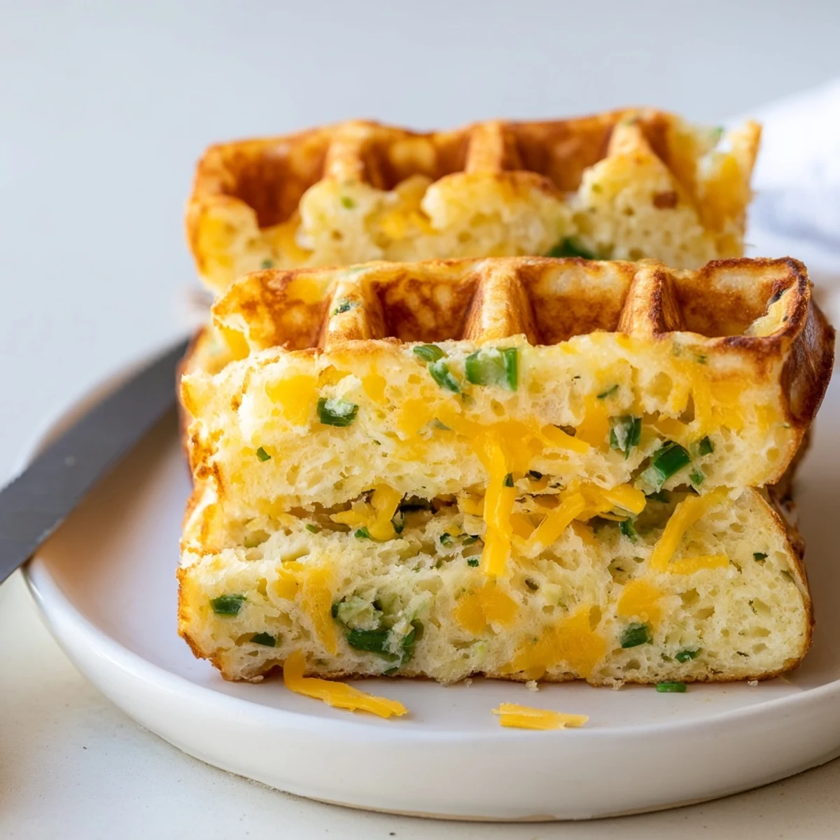 Deliciously fluffy Spicy Cheddar Jalapeño Waffle Loaf with fresh jalapeños peeking through.  