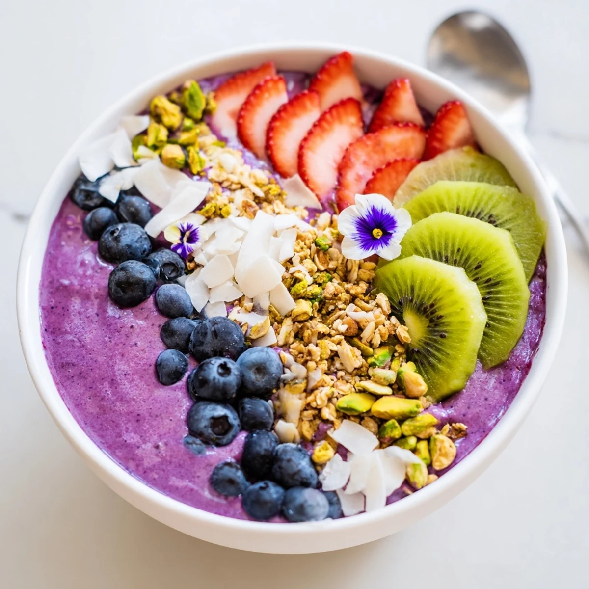 Vibrant smoothie bowls with purple yam and pistachios, topped with fresh fruit.  