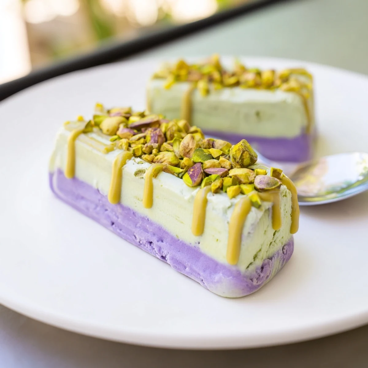Vibrant ube and nutty pistachio layers create refreshing ice cream bars for summer.  
