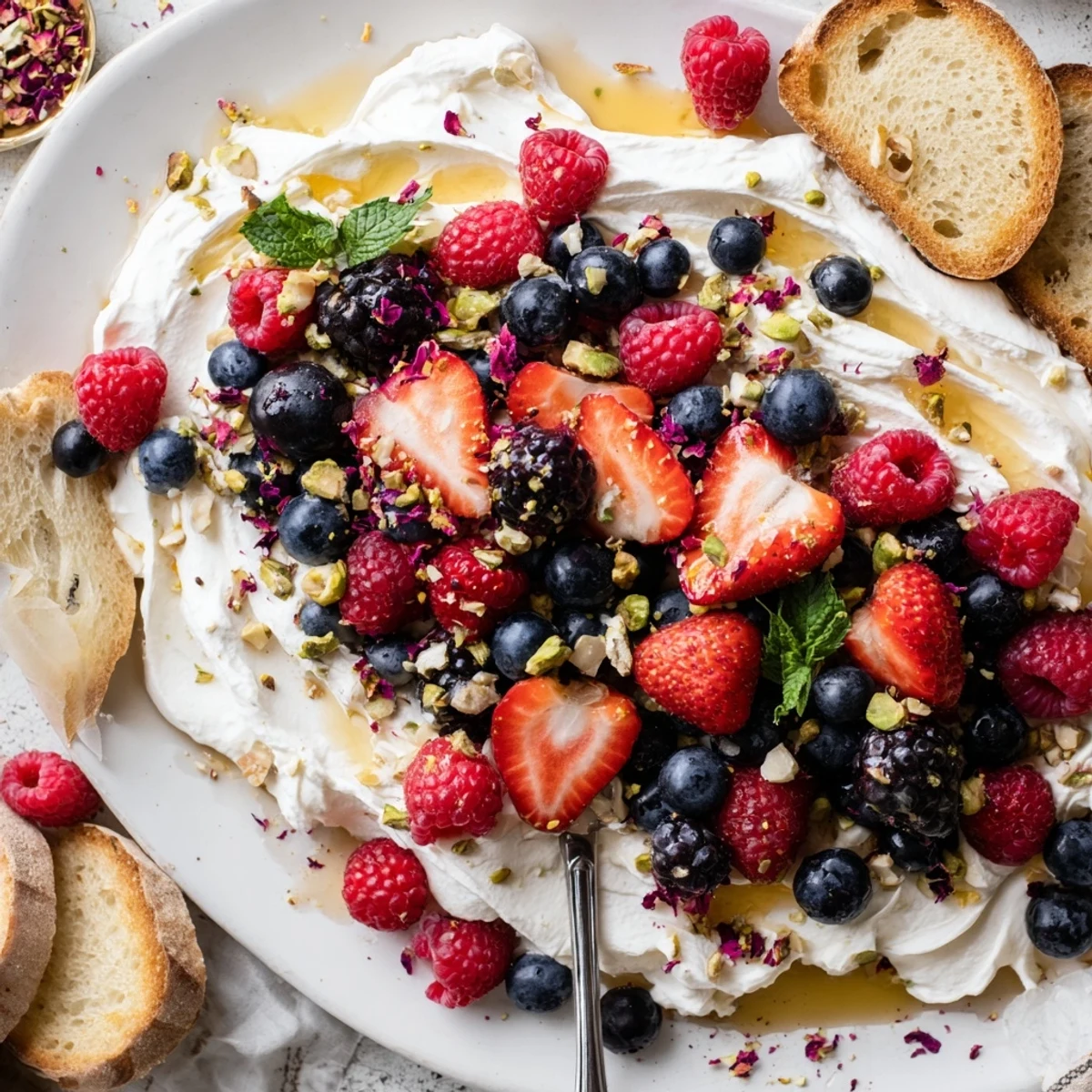 Indulge in a shareable Butter Board Dessert with berries and honey drizzle.