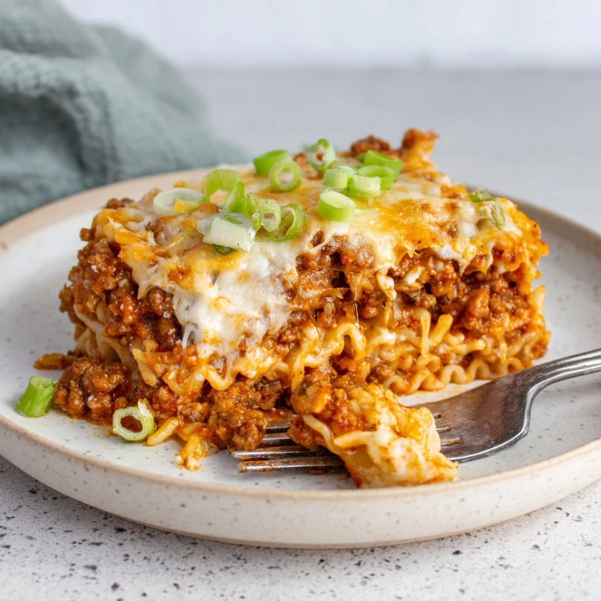 Comforting Spicy Ramen Lasagna garnished with green onions, ideal for a cozy meal.