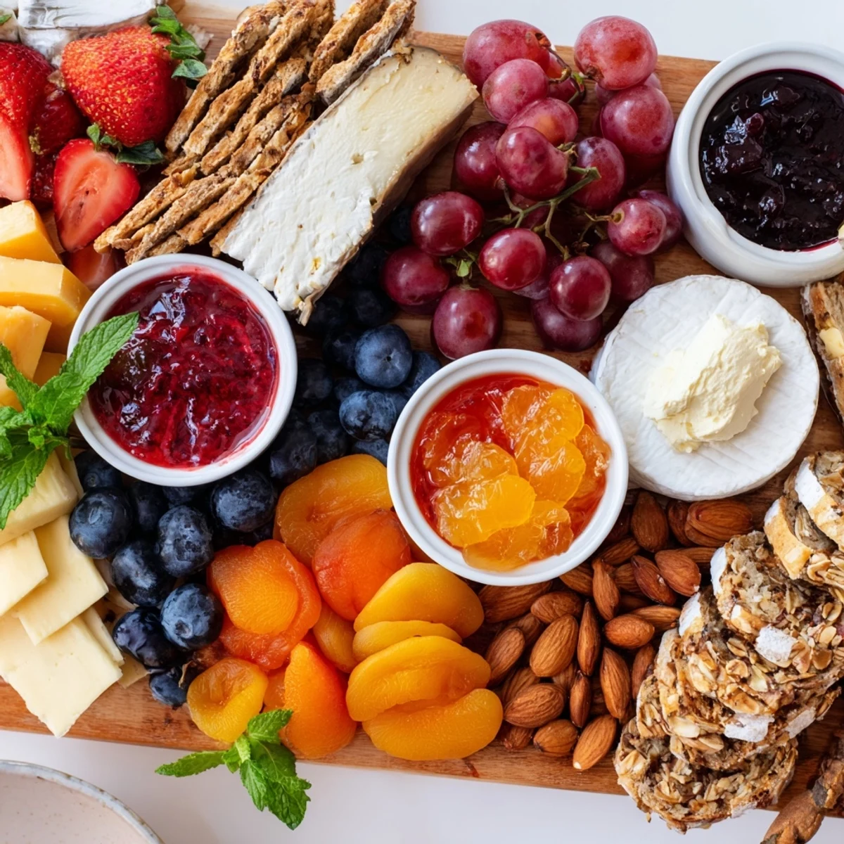 Delicious jam-infused brunch board artfully arranged with breads and nuts.  