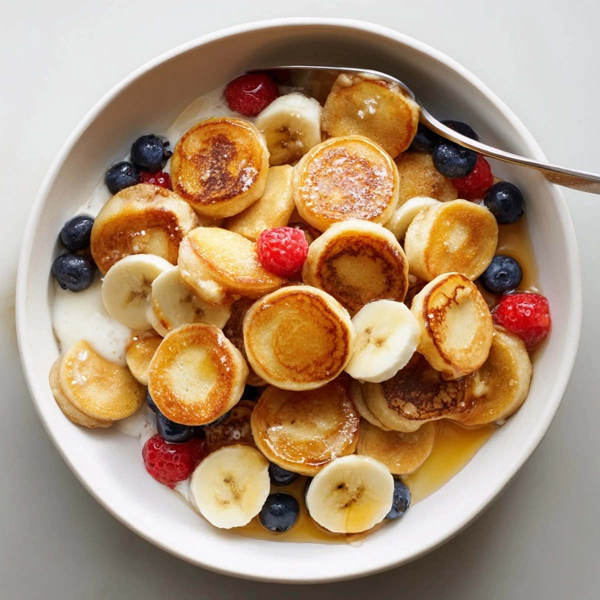 Adorable mini pancake cereal served with milk and fresh berries for breakfast.  