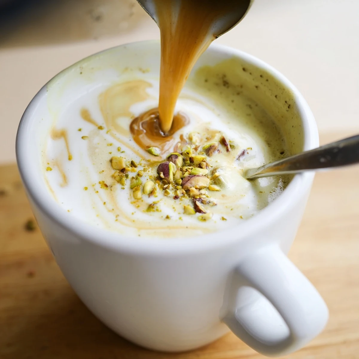 Creamy pistachio milk latte topped with crushed nuts for a unique coffee experience.  