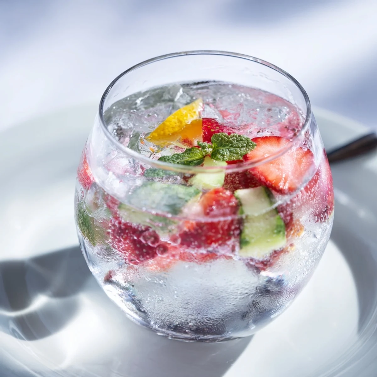 Refreshing water-based mocktails with fruit slices and vibrant mint leaves.  