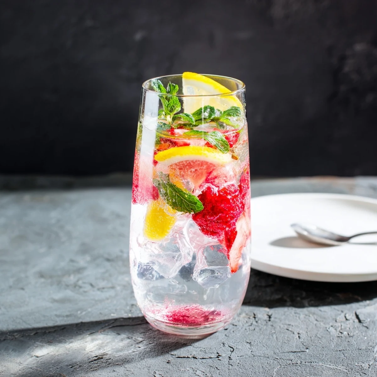 Colorful mocktails featuring ice, strawberries, and lemon for a summer thirst-quencher.  