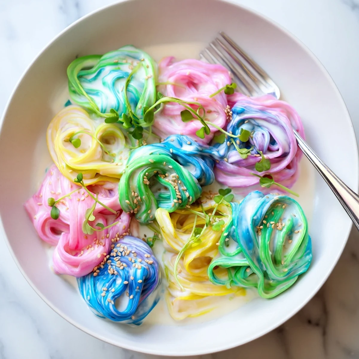 Vibrant Neon Noodle Cloud dish topped with scallions and edible flowers.  