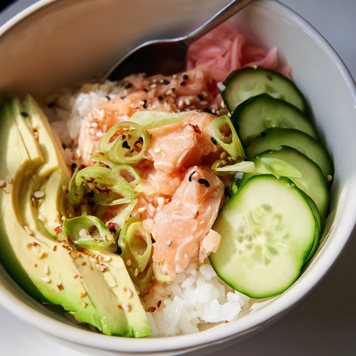 Quick and delicious leftover salmon and rice bowl topped with fresh avocado slices.  