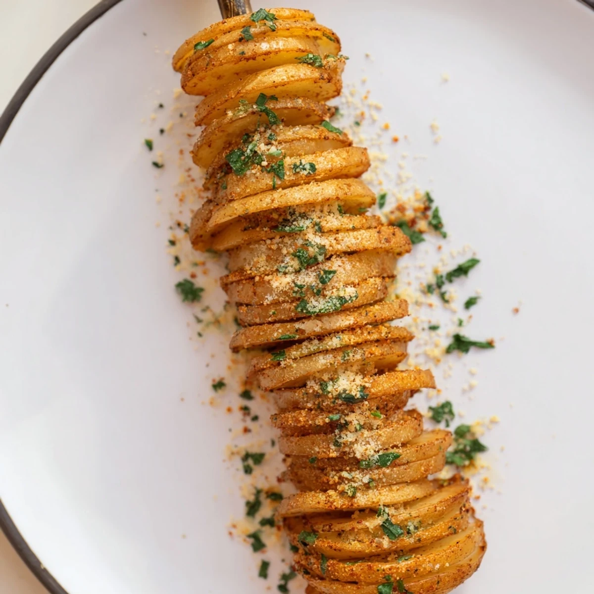 Golden spiral potatoes cooked in air fryer, perfect for snacking or side dishes.