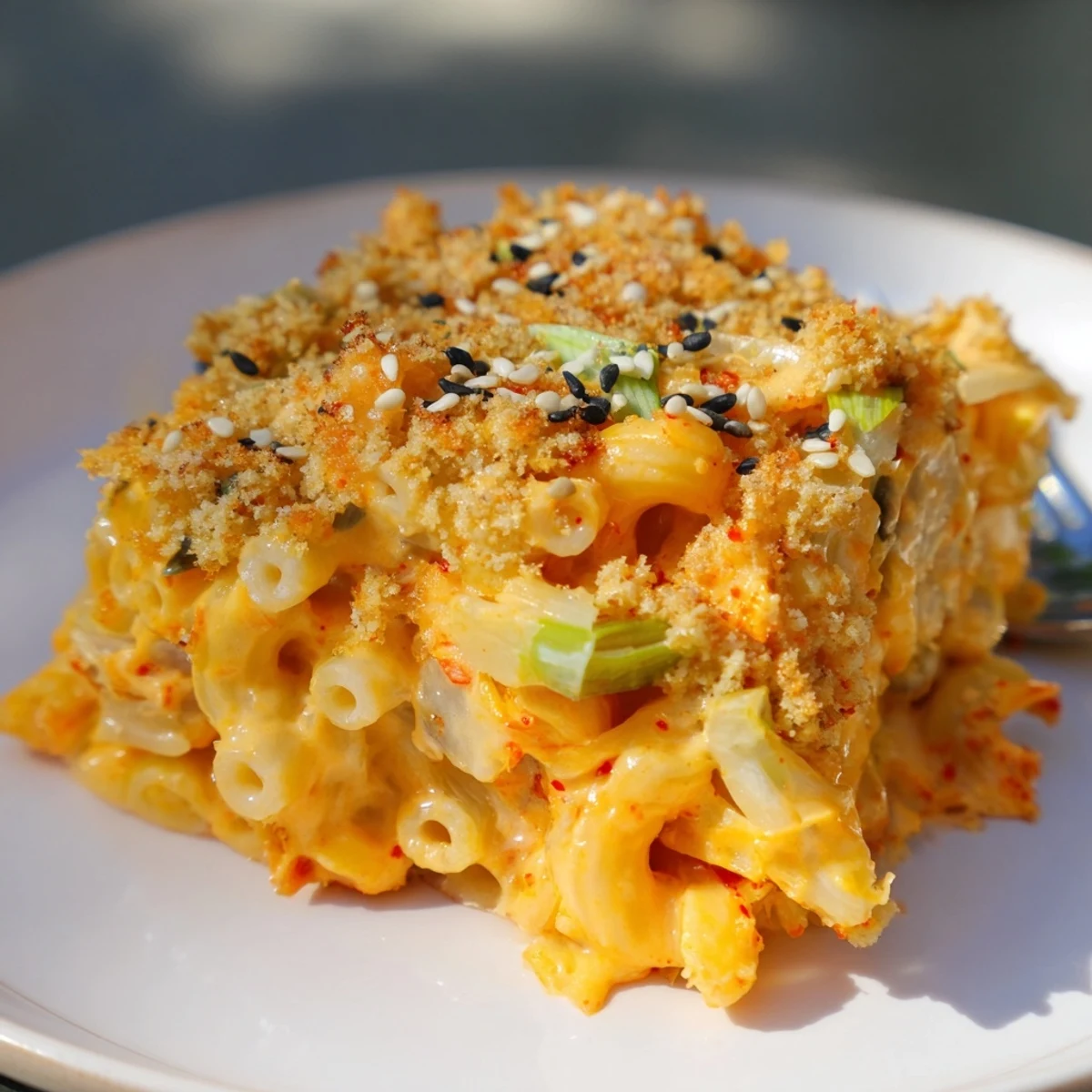 Creamy Spicy Kimchi Mac & Cheese with a golden, crunchy topping, fresh green onions.  