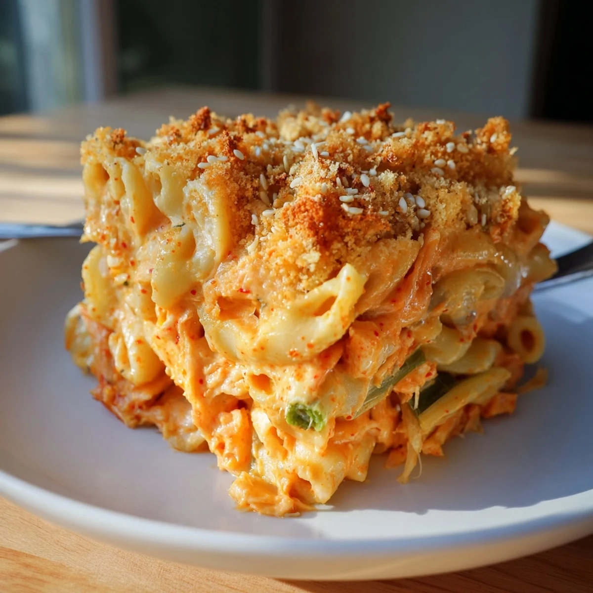Indulge in Spicy Kimchi Mac & Cheese featuring melty cheeses and zesty Korean flavors.  