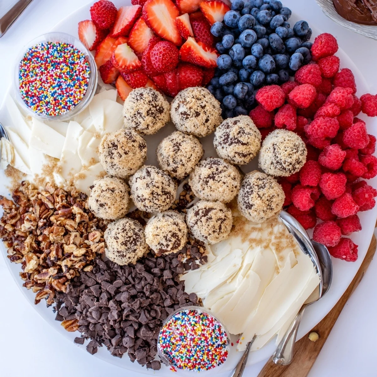 Decadent deconstructed dessert board featuring creamy cheesecake bites and assorted toppings.  