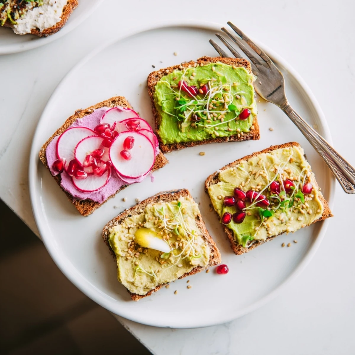Vibrant Bright & Bold Breakfast Toasts topped with ube, avocado, and fresh garnishes.  