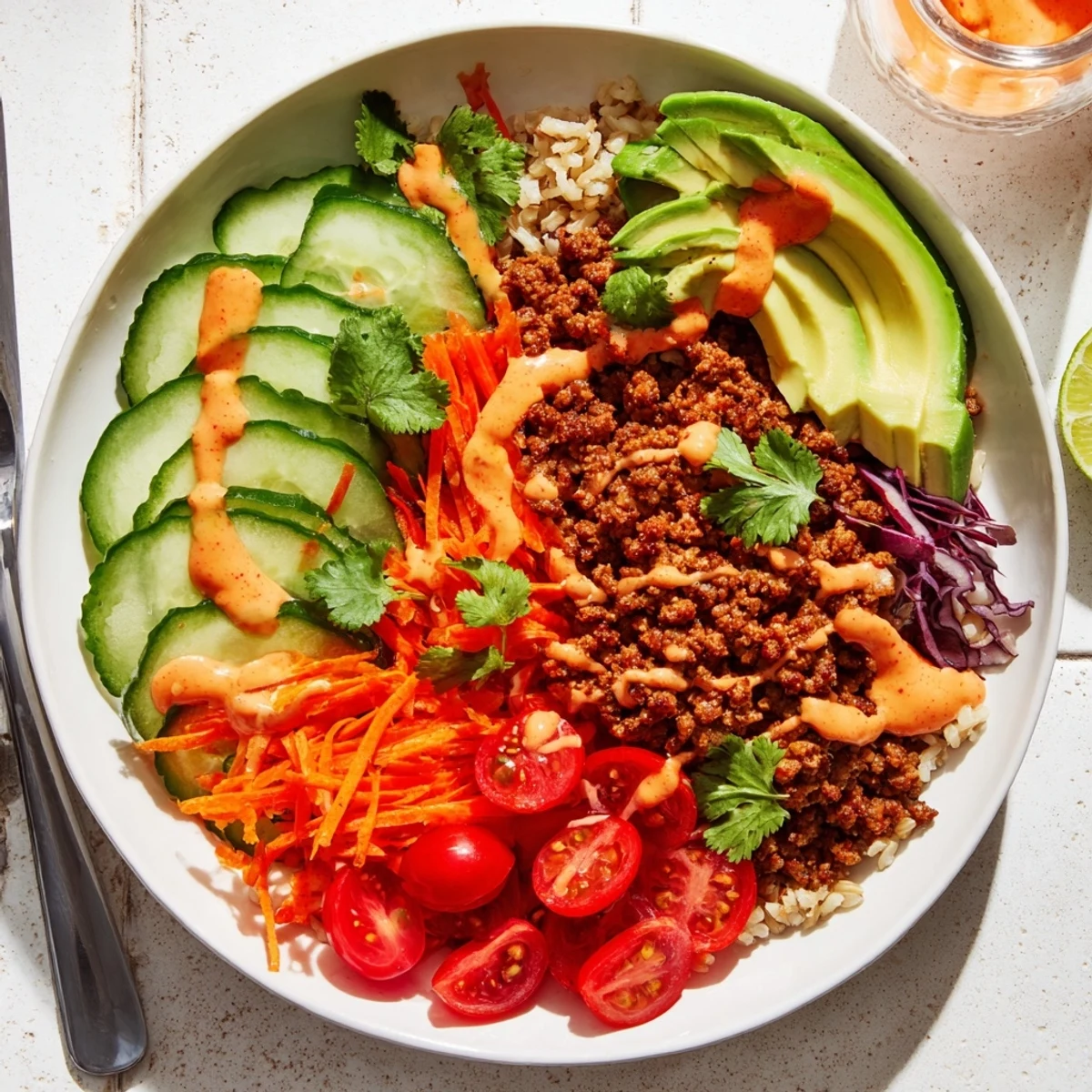 Satisfying plant-based meat bowl featuring quinoa, vibrant veggies, and bold seasonings.