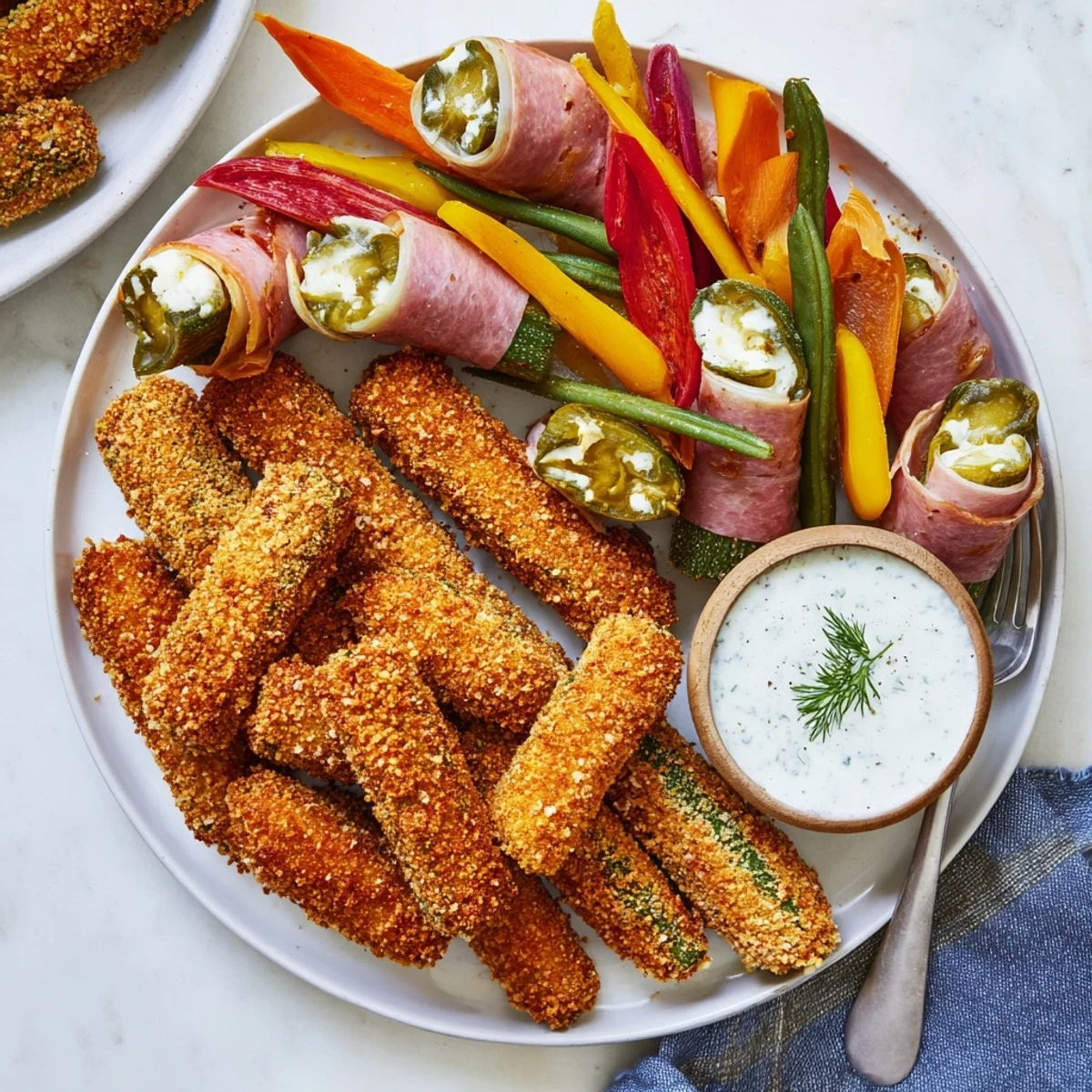 A feast for pickle enthusiasts with crispy fried pickles and colorful pickled veggies.