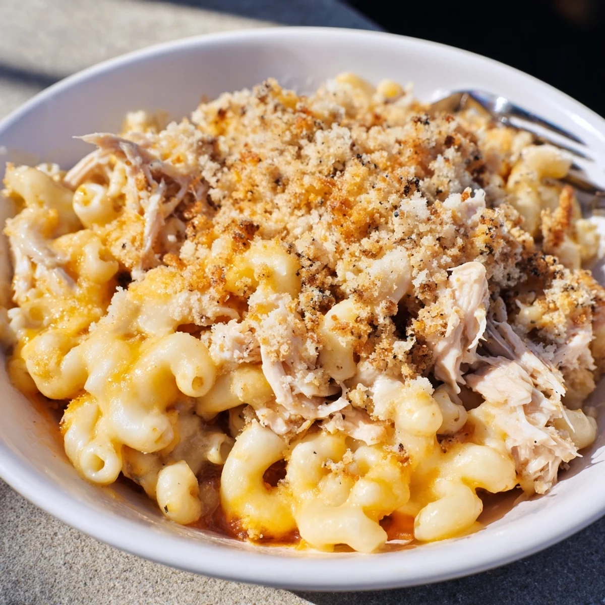 Creamy Classic Mac & Cheese with BBQ Chicken, topped with crispy panko breadcrumbs.  